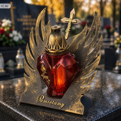 Znicz LED Skrzydła Złote Serce Czerwone Złoty Wszystkich Świętych