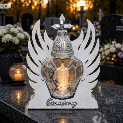 Znicz LED Skrzydła Białe Serce Białe Srebrny Wszystkich Świętych