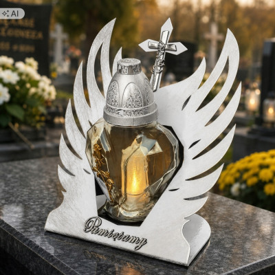 Znicz LED Skrzydła Białe Serce Białe Srebrny Wszystkich Świętych