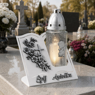 Duży Znicz LED Księga Biała Wazon Anioł Srebrny 27 cm Wszystkich Świętych